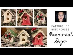 the birdhouse is decorated for christmas with holly wreaths and poinsettis