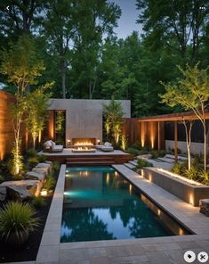 an outdoor pool surrounded by trees and plants with lights on the sides, along with seating areas