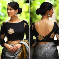 Plain Black Blouse Designs, Silk Saree Blouse Sleeves Design, Plain Silk Blouse Designs, Front Neck Blouse Designs, Saree Jacket Designs, India Saree, Boat Neck Blouse