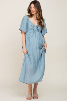 Blue Front Tie Ruffle Sleeve Maternity Midi Dress Preg Outfits, Blue Maternity Dress, Maternity Dresses For Baby Shower, Clothes For Pregnant Women, Maternity Midi Dress, Knot Dress, Cat Dresses, Shower Dresses, Nursing Dress