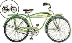 a drawing of a green bicycle with two bicycles on it's front wheel and the back tire