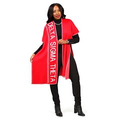 FOR DIVAS ONLY Red Long Poncho White Accents "Delta Sigma Theta" Jacquard Design in White Open Front 100% Cotton True to Size Range Dry Clean Only Red Cape Shawl For Winter, Red Winter Cape Shawl, Long Poncho, Jacquard Design, Delta Sigma Theta, White Accents, Dry Clean Only, Front Open, Duster Coat