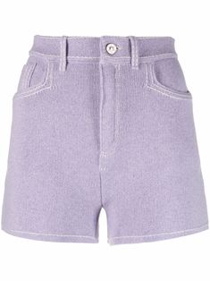 Lilac cashmere-cotton blend high-waisted cashmere-blend shorts from BARRIE featuring knitted construction, high-waisted, belt loops, front button and zip fastening, classic five pockets and straight leg. | Barrie High-Waisted Cashmere-Blend Shorts Y3k Aesthetic, Png Outfits, 70s Shorts, Png Clothes, Purple Shorts, Mini Shorts, Knit Shorts, Short Jumpsuit, Lookbook Outfits