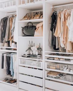 an organized closet with clothes and handbags