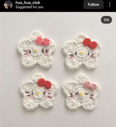 four crocheted hello kitty appliques are shown