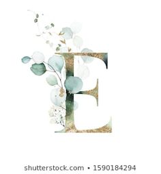 the letter e is made up of flowers and leaves on a white background with text below it