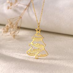 "Necklace Details 📿 ------------------------------------------------------ Feature: Xmas tree design, personalized family name. Material: High quality 925 Sterling Silver Color: Silver, Gold, Rose Gold. Chain length: 16\" and 20\" both with 2\" extension, 14\" and 24\" without extension chain, please contact us for custom lengths. Closure: Lobster claw. Chain type: Default Cable chain, curb chain can be customized. Package: Default Jewelry Pouch, the material is very soft, protect the jewelry f Christmas Tree Necklace, Custom Necklaces, Chirstmas Gift, Nameplate Necklace, Tree Necklace, Holiday Jewelry, Tree Design, Family Name, Personalized Family