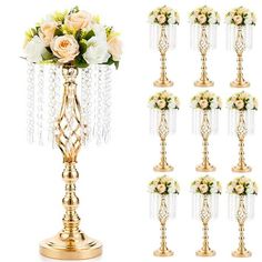 there are many different types of vases with flowers on them and one is gold