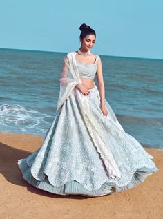 Mishru-Cloud Blue Lehenga Set With Dupatta-INDIASPOPUP.COM Baby Blue Lehenga, Blue Bridal Lehenga, Skirt With Blouse, Raw Silk Lehenga, Checkered Blouse, Blue Lehenga, Indian Look, Top Indian, Lehenga Skirt