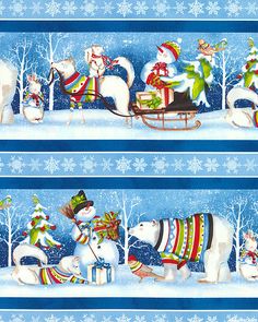 two pictures of polar bears on sleighs in the snow with christmas decorations