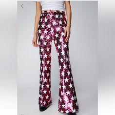 The Pants Edit. Feel Like The Centre Of Attention In Our Flare Pants, Made In High Quality Sequin Fabric, With A Flattering Flared Silhouette And A Statement Star Pattern. Style The With A Crop Top Or Bralette For A Stellar Occasion Look, Perfect For Anything From Party Nights To Festival Weekends And Concerts. Small Star Sequin Flare Pants High Quality Sequin Fabric Flattering Flared Silhouette Stellar High Waistline Fun Star Patterning Zip Fastening In Back Model Wears A Size S (Us Size 6/Uk S Sparkly Pants, Fashion Show Inspiration, Red And White Pattern, Sequin Flare Pants, Halloween Club, Swimsuit Skirt, Aesthetics Fashion, Going Out Trousers, Filthy Rich