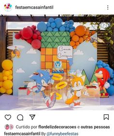 an image of a birthday party with sonic the hedgehog decorations and balloons on display