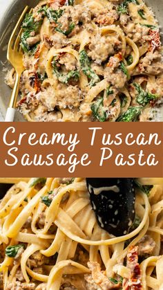 creamy tuscani sausage pasta with spinach and parmesan cheese on top