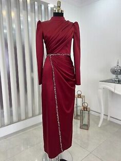 Prom Dress / Abaya Women / Satin Maxi Dress / Dubai / Islamic Clothing / Hijab | eBay Hijab Prom Dress, Satin Hijab, High Neck Prom Dress, Gold Evening Dresses, Claret Red, Dress Muslim, Satin Evening Dresses, Long Sleeve Prom, Muslim Fashion Dress