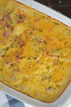 a casserole dish with ham and cheese