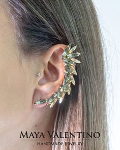 "Ear Cuff earrings, Gray earrings, Ear cuff, Ear climber, Ear warp, Statement earrings, Cuff earrings, Ear jacket, Boho earrings, Gift for her Beautiful ear cuff that upgrades your special day, and gets many compliments guaranteed, Design & Made By Maya Valentino & Co. with love and sparkling crystal from Swarovski. Available in a lot of plating & crystal colors. 💜Left or right option automatically comes in another side similar stud earring 💜Pair means two big ear cuffs as shown in Crystal Earrings Swarovski, Climbing Earrings, Black Crystal Earrings, Crystal Ear Cuff, Silver Ear Climbers, Ear Cuff Earrings, Crystal Colors, Ear Crawler Earrings, Cuff Design