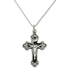 One of the most recognized and classic symbols of faith, this INRI crucifix pendant is crafted from sterling silver. This 30x18mm pendant features a rich satin, diamond cut and antiqued finish for a charming and sparkling appeal. This religious pendant hangs on an 18-inch long cable chain with spring ring clasp protection.One of the most recognized and classic symbols of faith, this INRI crucifix pendant is crafted from sterling silver. This 30x18mm pendant features a rich satin, diamond cut and Classic Silver Crucifix Necklace, Classic Sterling Silver Engraved Cross Necklace, Classic Engraved Sterling Silver Cross Necklace, Symbolic Crucifix Cross Necklace As Gift, Classic Engraved Crucifix Necklace, Classic Sterling Silver Cross Charm, Classic Sterling Silver Crucifix Necklace, Classic Engraved Crucifix Cross Necklace, Nickel-free Sterling Silver Crucifix Necklace