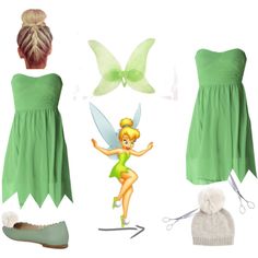 a green dress with a fairy tinkerbell on it and two shoes next to it