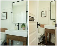 two pictures show the same bathroom sink and toilet as well as an open door leading to another room