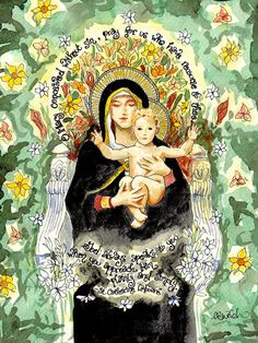 an image of the virgin mary holding a child in her arms and surrounded by flowers