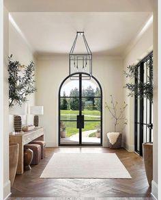 an entry way with a large glass door and white rugs on the hardwood floor