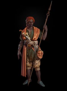 a statue of a man holding a staff and wearing an orange turban, standing in front of a black background