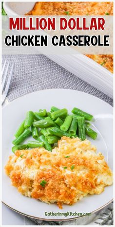 a white plate topped with green beans and chicken casserole