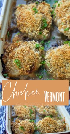 chicken vermont in a casserole dish with parmesan bread crumbs