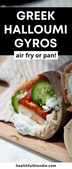 greek halloui gyros with cucumber and feta cheese on top