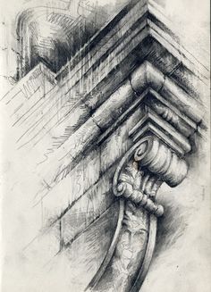 a pencil drawing of an old building with a pipe sticking out of it's side