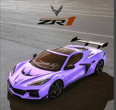 the purple sports car is driving down the track