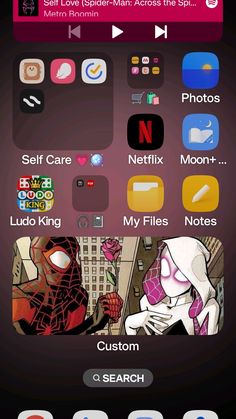 an iphone screen with various icons on it and the text, self love spider - man across the sky