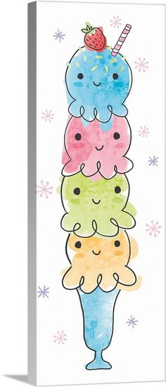 an illustration of three ice creams stacked on top of each other in different colors