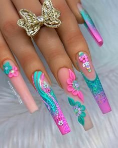 Teal And Pink Nails, Teal Nails, Nude Nail Designs, Colorful Nails, Nails Design With Rhinestones, Long Nail, Mermaid Nails