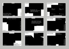 six different black and white squares with text