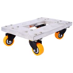 an aluminum dolly with yellow wheels and black castes on the bottom, against a white background