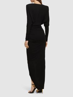 V neckline. Elastic waistband. Front slit at hem. Model is wearing a size36 Versace Brand, Midi Wrap Dress, Alexandre Vauthier, Designer Drapes, Black Wrap Dress, Midi Length Dress, V Neckline, Flat Espadrilles, Swim Accessories