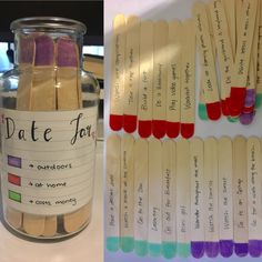 there are many different colored matchesticks in a jar and one is labeled with date cards