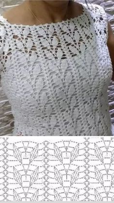 a woman wearing a white top with crochet on it