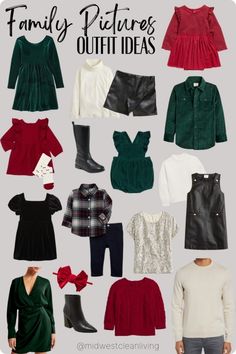 a bunch of different clothes and shoes for kids with text that reads family pictures outfit ideas