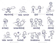 cartoon stick figures with words describing different activities