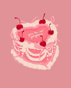 a pink cake with cherries on top