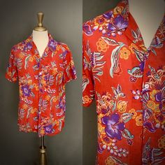 *Item Details* Era- 1970's Brand- A Maximo California Design Size- XL Color- Red with purple hibiscus flowers Condition- Excellent condition with no holes or stains My favorite of my Hawaiian shirts. It's very thin and light with a great print and such a classic vintage style. *Measurements taken while flat and doubled for the chest.* - Shoulders- 20 inches across - Chest- 46 inches - Sleeve Length- 9 inches - Length- 31 inches Purple Hibiscus Flower, Red Hawaiian Shirt, Hibiscus Flower Print, Guava Tree, Purple Hibiscus, Hibiscus Print, Classic Vintage Style, Blue Long Sleeve Dress, Bodice Dress