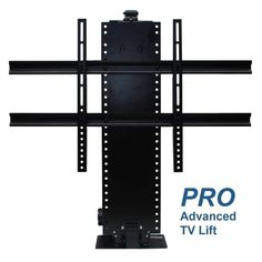 the tv stand has two black shelves on it and is next to an inscription pro advanced tv lift