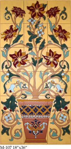 an artistic tile design with flowers and leaves