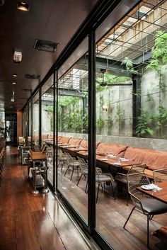 an empty restaurant with lots of tables and chairs in front of large windows that look out onto the jungle