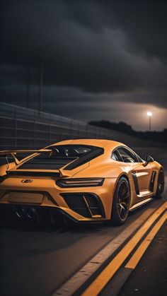 an orange sports car driving down the road at night with dark clouds in the background