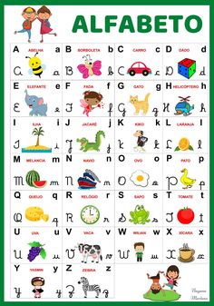 an alphabet poster with pictures of animals, letters and numbers in spanish for children to learn