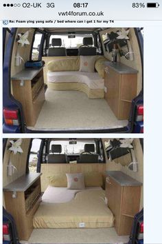 two pictures of the back and side of a van with its bed pulled up to it's rear end