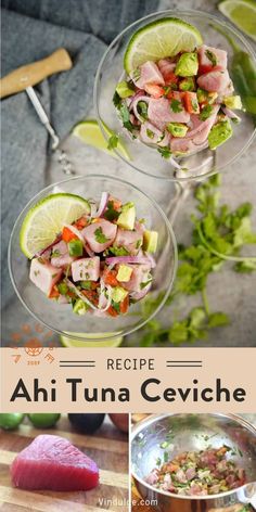 two bowls filled with food on top of a wooden cutting board next to limes